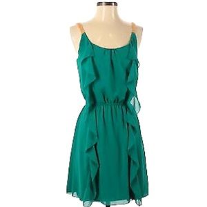 3/$44 Pinky size large green mini dress ruffles on front vneck gold straps silky